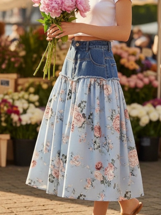 Dresses & Skirts - Boho Medium Wash floral Print Flowy Skirt